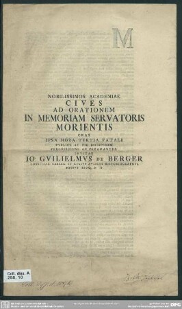 Nobilissimos Academiae Cives Ad Orationem In Memoriam Servatoris Morientis Hodie Ipsa Hora Tertia Fatali Publice Ac Pie Habendam Perofficiose Ac Peramanter