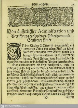 Von äusserlicher Adminstration und Verrichtung der Prediger, Pfarrherrn und Seelsorger Ambt