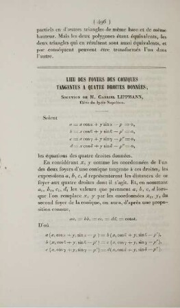 Lieu des foyers des coniques tangentes a quatre droites données.