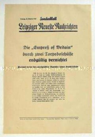 Sonderblatt der "Leipziger Neuesten Nachrichten" zur Vernichtung des zweitgrößten britischen Handelsschiffes