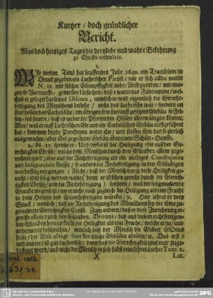 Kurtzer, doch gründlicher Bericht, was doch heutiges Tages die hertzliche und wahre Bekehrung zu Christo verhindere