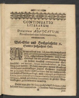 Continuatio Literarum Ad Dominum Advocatum, Pro ulteriori eius informatione, emanatarum