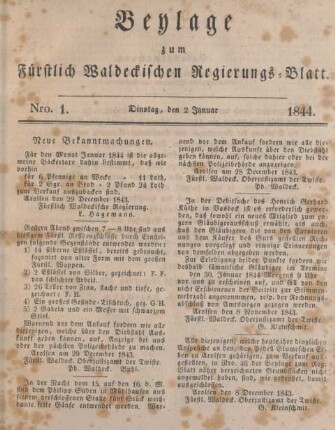 Beylage zum Fürstlich Waldeckischen Regierungs-Blatt. 2. Januar-31. December 1944 = Nro. 1-53