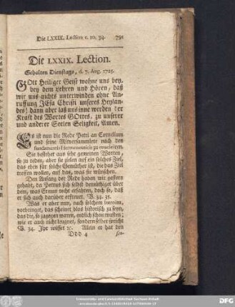 Die LXXIX. Lection. Gehalten Dienstags, d. 7. Aug. 1725.