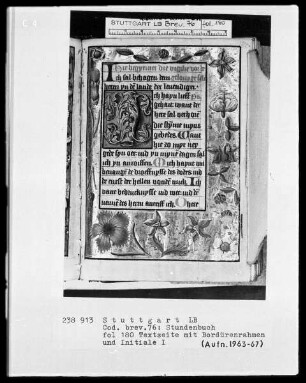 Niederdeutsches Stundenbuch (Lüning-Bergheim-Gebetbuch) — Textseite mit Bordürenrahmen und Initiale I, Folio 180recto