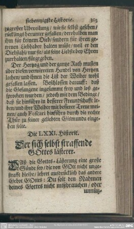 Die LXXI. Historie. Der sich selbst straffende GOttes lästerer