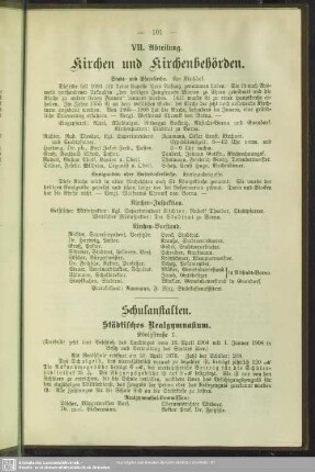 VII. Abteilung. Kirchen und Kirchenbehörden. Schulanstalten