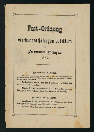 Heft: Festordnung 400 jähriges Jubiläum der Universität Tübingen