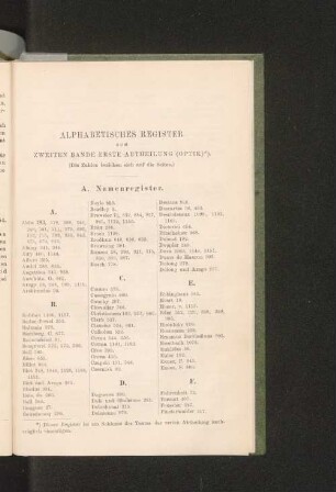 Alphabetisches Register zum zweiten Bande erste Abtheilung (Optik).