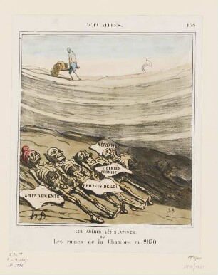 Les Arènes législatives ou Les Ruines de la Chambre en 2870, Blatt 158 der Folge „Actualités“, in: „Le Charivari“, Paris 1870