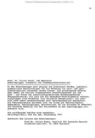 Arbeitsgruppe: Grammatik und Fremdsprachenunterricht