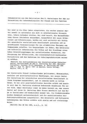 Dokumentation aus den Materialien des X. Parteitages der SED zur Entwicklung der Lebensbedingungen der Frauen und der Familien