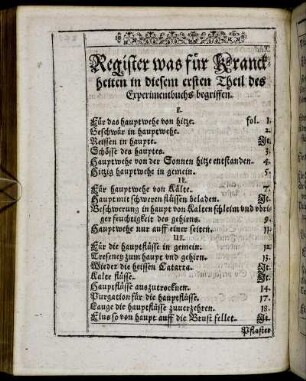 Register was für Kranckheiten in diesem ersten Theil des Experimentbuchs begriffen.