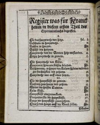 Register was für Kranckheiten in diesem ersten Theil des Experimentbuchs begriffen.