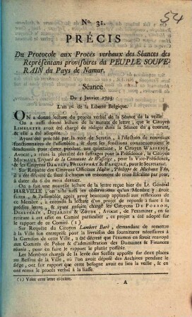 Precis Du Protocole Aux Proces verbaux des Seances des Representans provisoires du Peuple Souverain du Pays de Namur. Seance Du 5 Janvier 1793. L'an 2e de la Liberte Belgique