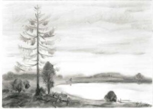 Ohne Titel (Landschaft mit Lärche und See) : Gelbke, Georg: Ohne Titel (Landschaft mit Lärche und See). Aquarell; 31,5 x 44 cm. Privatbesitz