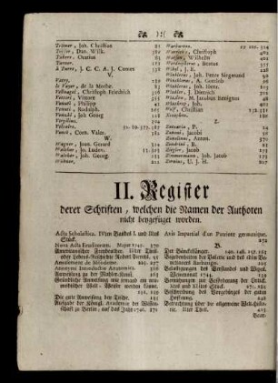 II. Register derer Schriften, welchen die Namen der Autoren nicht beygefüget worden
