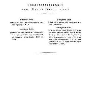 Inhaltsverzeichnis vom Monat April 1806