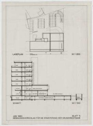Beschränkter Wettbewerb Erweiterung der Grundkreditbank (nicht realisiert) – Lageplan, Schnitt. Berlin-Schöneberg, Nürnberger Straße 68-69