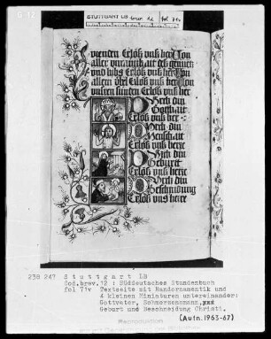 Deutsches Gebetbuch (Waldburg-Gebetbuch) — Vier kleine Miniaturen untereinander auf einer Textseite, Folio 71verso