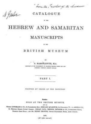 In: Catalogue of the Hebrew and Samaritan manuscripts in the British Museum ; Band 1