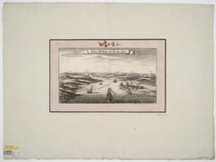 Vogelschauansicht der Schanze Neufähr vor Stralsund, Radierung, um 1703? : Prospect Deß Paßes Und Newfehr Schantz / Erich Jönson Deli. - [Frankfurt] : [Matthaei Merian Seel. Erben] , [1703?]. - 1 Vogelschauansicht : Radierung ; 36 x 20 cm. Titel oben