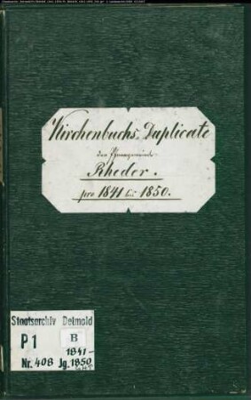 KIrchenbuchduplikat der katholischen Gemeinde Rheder, Kreis Höxter (GHT 1841-1850) (Gemeinde: Katholische Gemeinde Rheder)