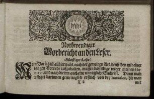 Nothwendiger Vorbericht an den Leser.