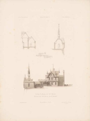 Burg Cochem: Ansicht, Schnitte (aus: Architektonisches Skizzenbuch, H. 134/5, 1875)