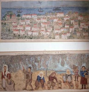 Lesbos, Mytilini. Museum Theofilos. Blick auf Mytilini und Olivenernte