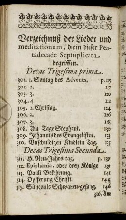 Verzeichnuß der Lieder und meditationum, die in dieser Pentadecade Septuplicata begriffen.
