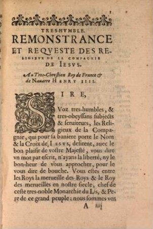 Remontrance tres humble et Requete des Religieux de la Compagnie de Jesus presentée a Henry IV.