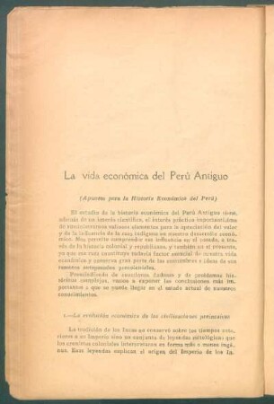 La vida económica del Perú Antiguo : (Apuntes para la Historia Económica del Perú)