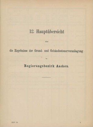 12. Hauptübersicht über die Ergebnisse der Grund- und Gebäudesteuerveranlagung im Regierungsbezirk Aachen