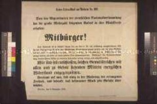 Maueranschlag: Mitbürger! Das Vaterland ist in Gefahr! Erstes Extra-Blatt zur Reform Nr. 197; Berlin, 9. November 1848