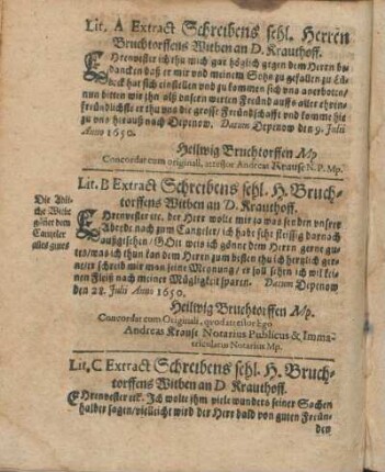Lit. C Extract Schreibens sehl. H. Bruchtorffens Witben an D. Krauthoff.