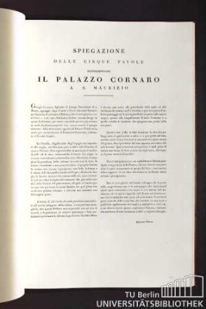 Spiegazione delle cinque tavole rappresentanti Il Palazzo Cornaro a S. Maurizio