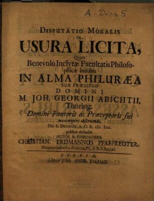 Disputatio Moralis De Usura Licita