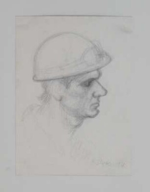 Kopf eines Arbeiter mit Schutzhelm im Profil nach rechts