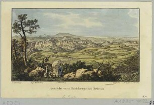 Die Aussicht vom Buchberg bei Sebnitz nach Südwesten über die Sächsische Schweiz vom Rosenberg (Rusov) bis zum Lilienstein, aus den 30 An- und Aussichten zum Taschenbuch für den Besuch der sächsischen Schweiz von Ludwig Richter 1823