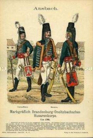 Uniformdarstellung, Unteroffizier und Gemeine des Husaren-Korps, Fürstentum Ansbach, um 1769.