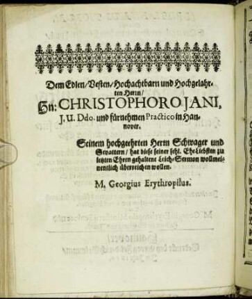 Dem Edlen/ Vesten/ [...] Hn. Christohoro Jani [...]