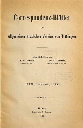 Korrespondenz-Blätter des Allgemeinen Ärztlichen Vereins von Thüringen. 19. 1890