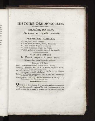 Histoire des Monocles. Première Division. Monocles à coquille univalve.