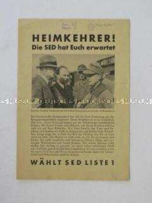 Propagandaflugblatt der SED zu den Gemeindewahlen 1946 mit Ausrichtung auf die Heimkehrer