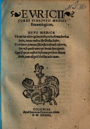 Euricii Cordi Simesusii Medici Botanologicon