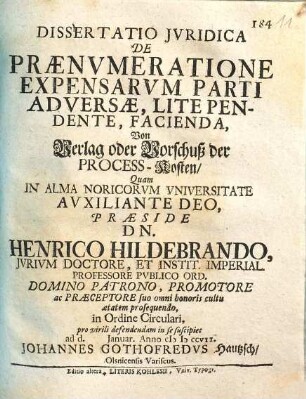 Dissertatio jvrdica de praenvmeratione expensarvm parti adversae, lite pendente, facienda