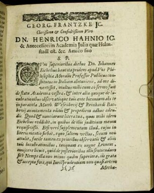Georg. Frantzke JC. Clarißimo & Consultißimo Viro Dn. Henrico Hahnio [...]