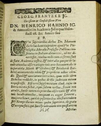 Georg. Frantzke JC. Clarißimo & Consultißimo Viro Dn. Henrico Hahnio [...]