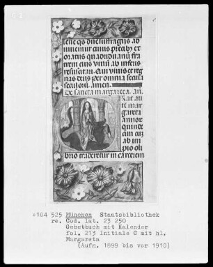 Gebetbuch mit Kalender — Initiale C mit der heiligen Margareta, Folio 213recto